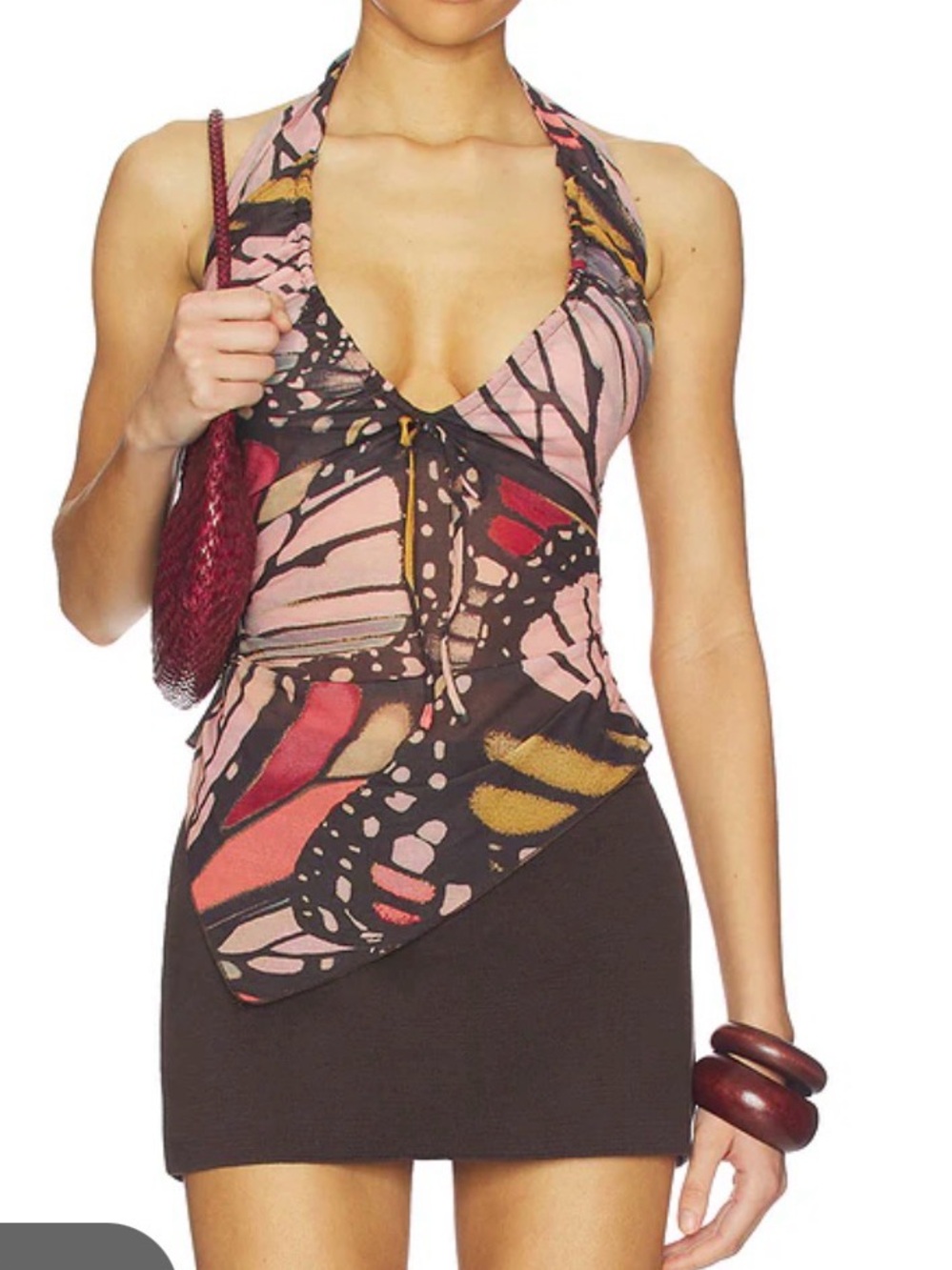 Free People Pink, Brown & Gold Halter Butterfly-Print Top
